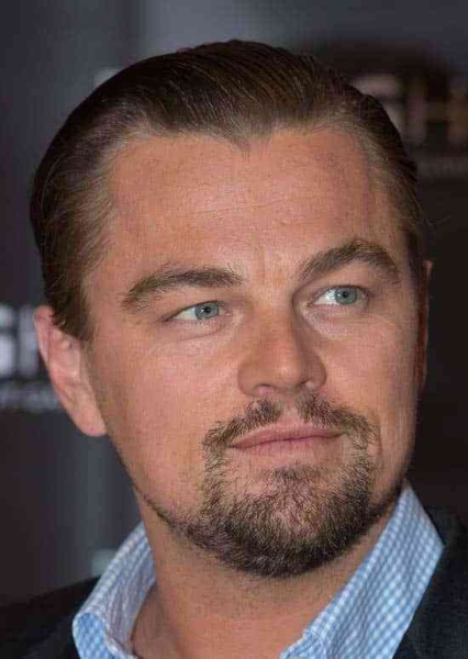 Il viso tondo di Leonardo Di Caprio con baffi e pizzetto